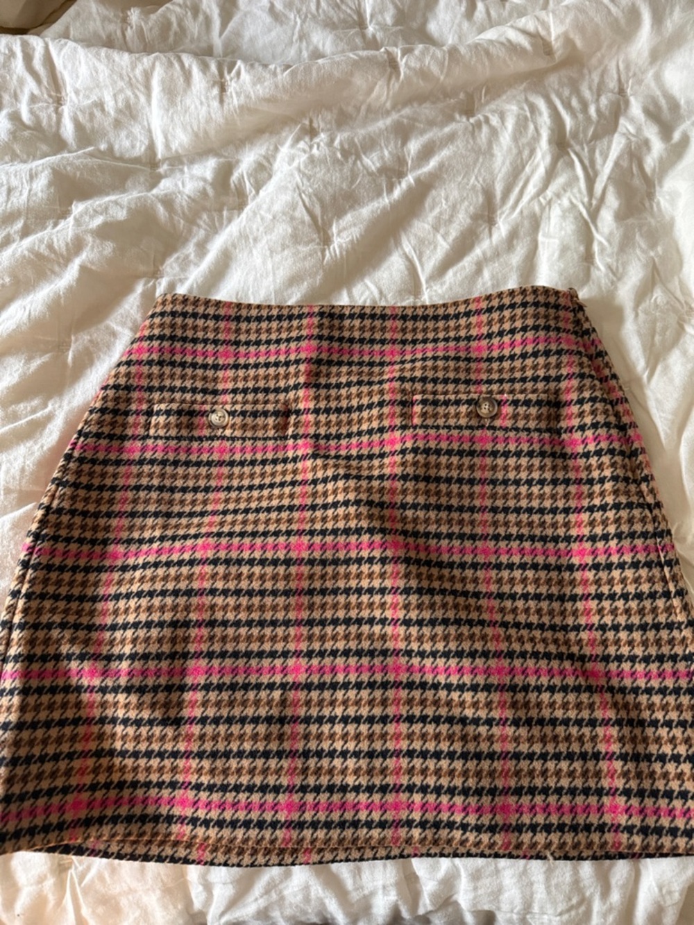 LOFT Brown Houndstooth Mini Skirt with Pink Windowpane